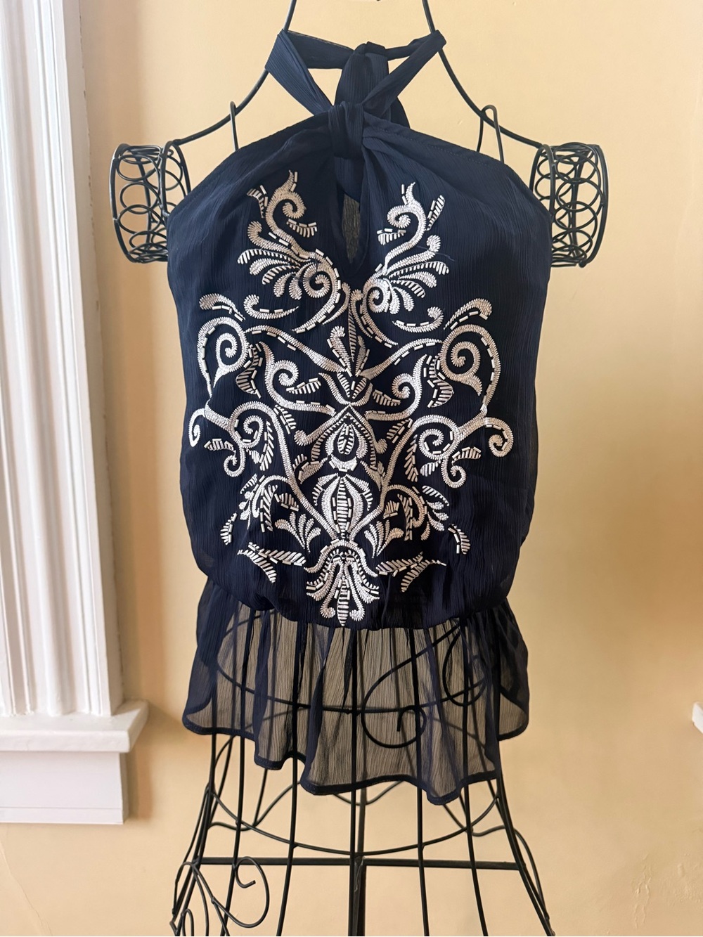 Cache Navy Halter Camisole with White Embroidery